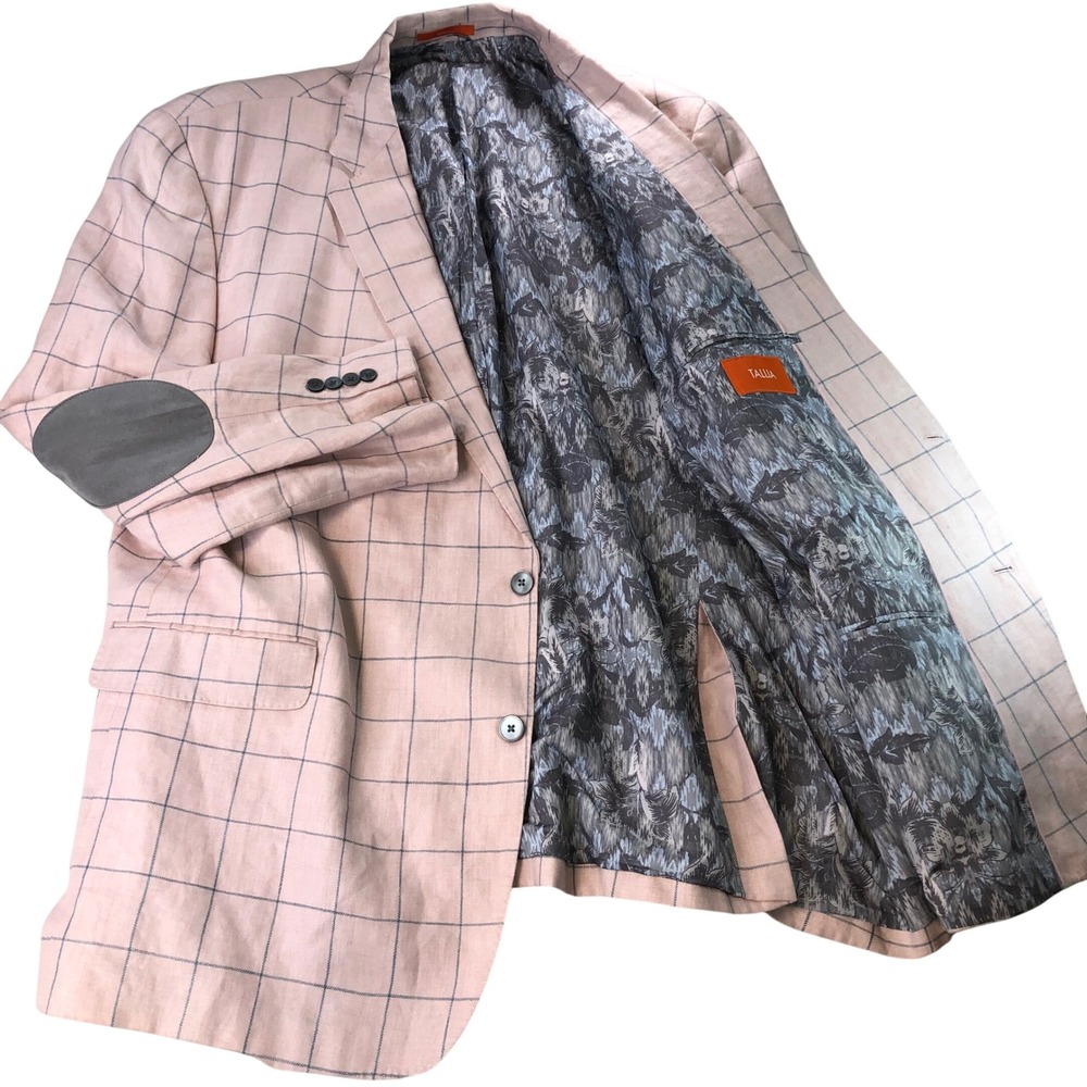 Tallia Sport Coat Men 56L Pink Windowpane 100% Linen Blazer Elbow Patches Summer